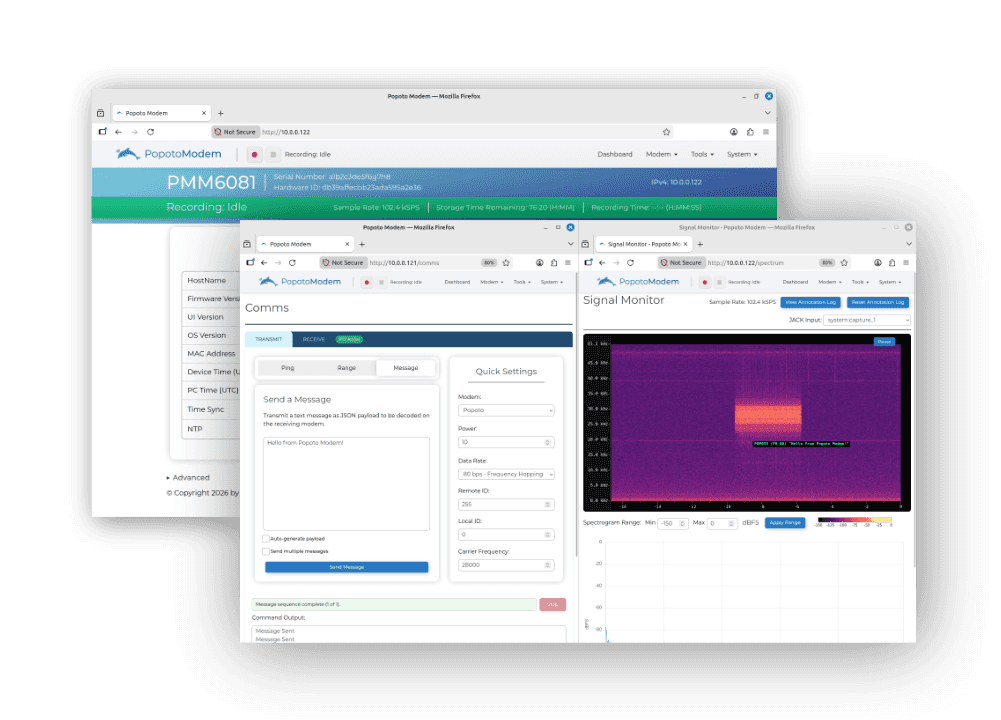 Popoto Web UI dashboard, communications, and signal monitor screens
